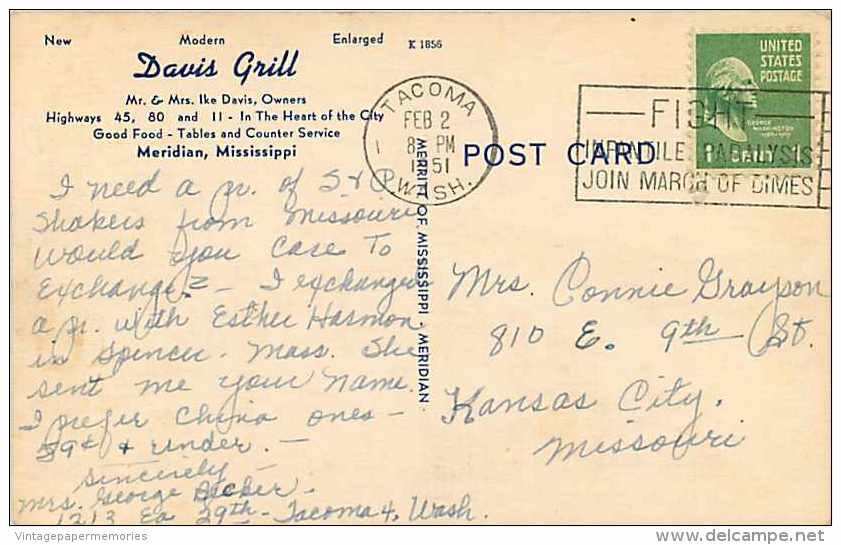 228333-Mississippi, Davis Grill, Restaurant Interior, Highway 45-80-11, Linen Postcard, Merritt No K 1856 - Meridian