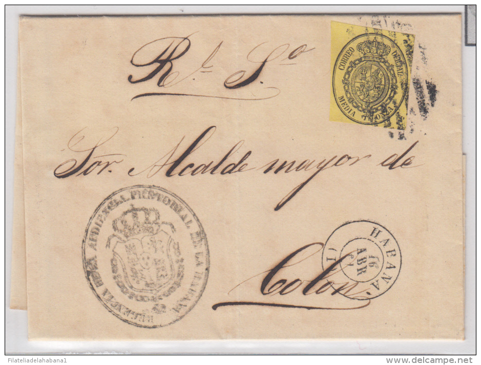 1858-H-65* CUBA ESPAÑA SPAIN. ISABEL II. CORREO OFICIAL. 1861. OFFICIAL MAIL. SOBRE &frac12; ONZA. MARCA PARRILLA LINEAS - Voorfilatelie