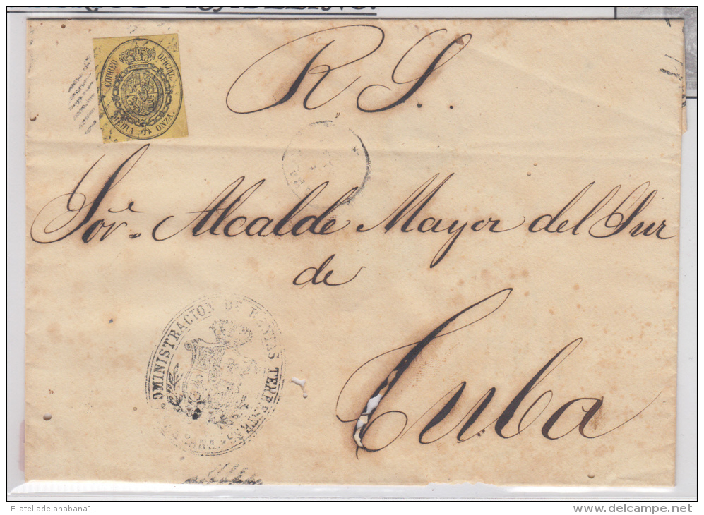 1858-H-71.* CUBA ESPAÑA SPAIN. ISABEL II. CORREO OFICIAL. S/F. OFFICIAL MAIL. SOBRE &frac12; ONZA. MARCA PARRILLA LINEAS - Prefilatelia