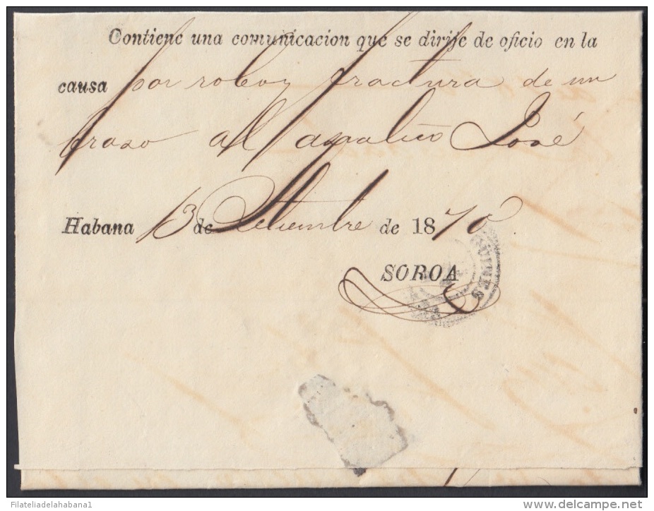 1870-H-13. CUBA ESPAÑA SPAIN. REPUBLICA. CORREO OFICIAL 1870. OFFICIAL MAIL. SOBRE C/  HABANA VIOLETA. POR &ldquo;ROBO D - Prefilatelia