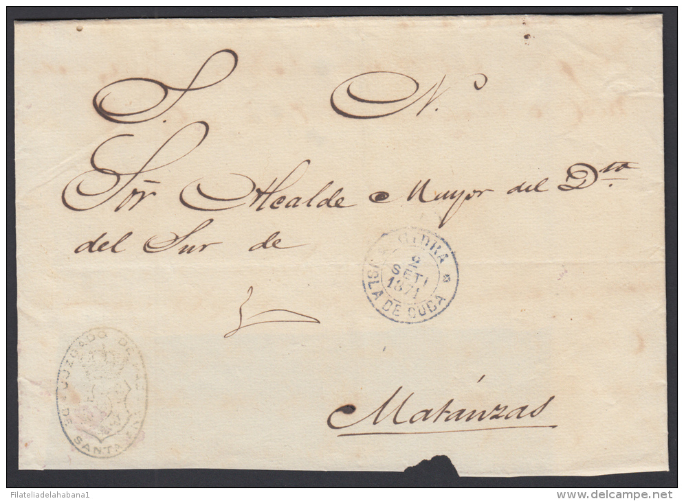 1871-H-6. CUBA ESPAÑA SPAIN. REPUBLICA. CORREO OFICIAL 1871. OFFICIAL MAIL. SOBRE C/  MARCA CIDRA VIOLETA. RARA. - Voorfilatelie