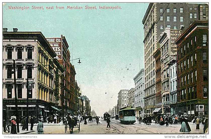 228393-Indiana, Indianapolis, Washington Street, East From Meridian Street, Business District, Trolley, Tram, UDB - Indianapolis