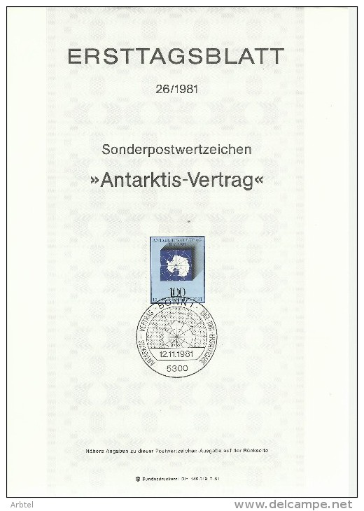 ALEMANIA DOCUMENTO PRIMER DIA BONN TRATADO ANTARTICO ANTARTIDA POLO SUR - Tratado Antártico