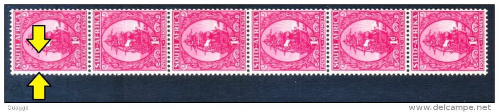 South Africa 1943. 6x COIL STAMPS 1d (fine Screen). RED SCRATCH. SACC 105, SG 106. - Nuovi