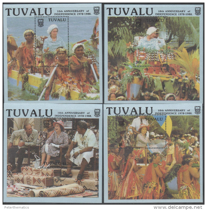 TUVALU, 1988, MNH, TEN YEARS INDEPENDENCE, ROYAL VISIT, QUEEN ELIZABETH, CANOES, LOCAL COSTUMES, 4 S/SHEETS - Other & Unclassified