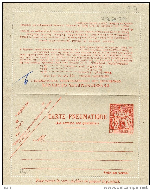 FRANCE ENTIER POSTAL CARTE PNEUMATIQUE 45F ROSE TYPE CHAPLAIN - Pneumatische Post