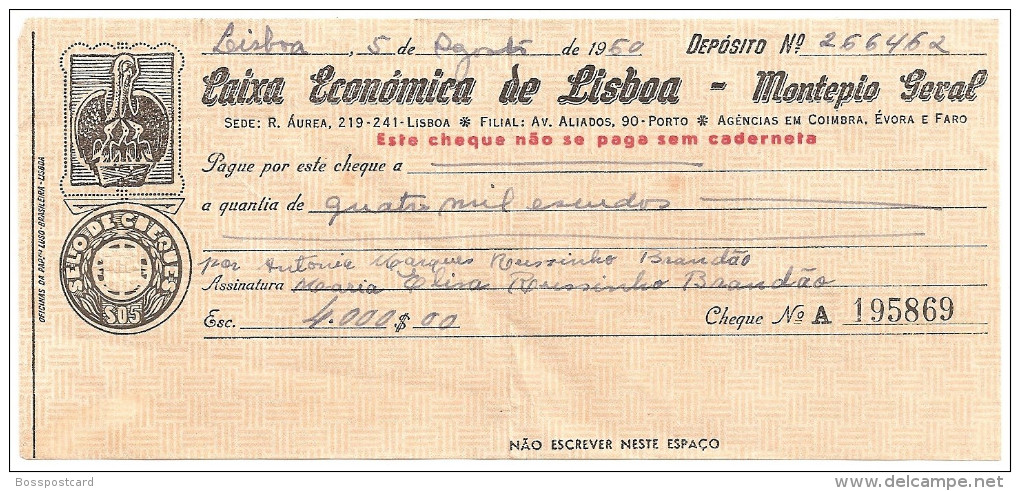 Lisboa - Cheque De 1960 Da Caixa Económica - Montepio Geral - Numismática - Notafilia - Assegni & Assegni Di Viaggio