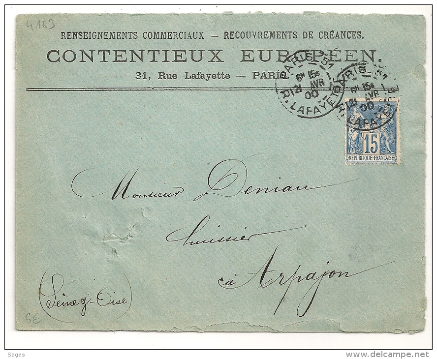 Bloc Dateur Horaire, PARIS-51 R. LAFAYETTE  Sur Enveloppe SAGE. - 1877-1920: Periodo Semi Moderno