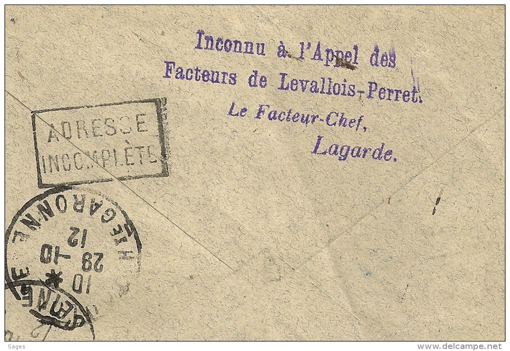 Inconnu à L 'appel Des Facteurs De LEVALLOIS PERRET, Adresse Incompléte Sur Enveloppe De TOULOUSE. - 1877-1920: Periodo Semi Moderno