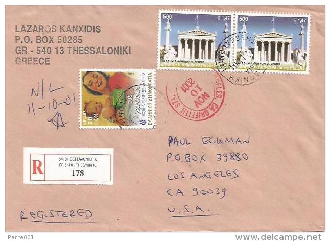 Greece 2001 Thessalonika Temple Woman Child Registered Cover - Briefe U. Dokumente