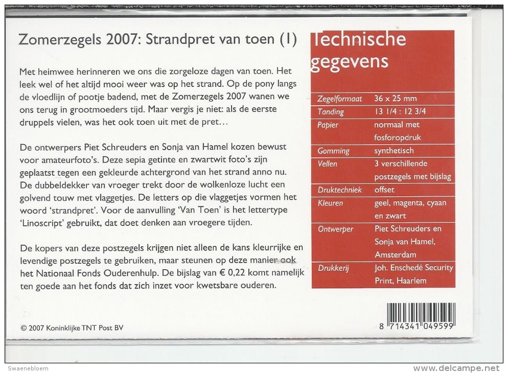 Pz.- Nederland Postfris PTT Mapje Nummer 353 - 04-04-2007 - Zomerzegels 2007: Strandpret Van Toen. 2 Scans - Neufs