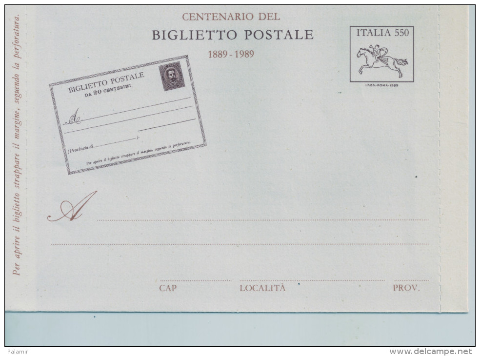 Italy 1989 Stationery Entier Postal Biglietto Postale 550L. - Stationery Centennial - Interi Postali