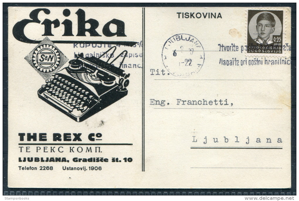1937 Ljubljana The Rex Company Erika Typewritter Advertising Postcard - Covers & Documents