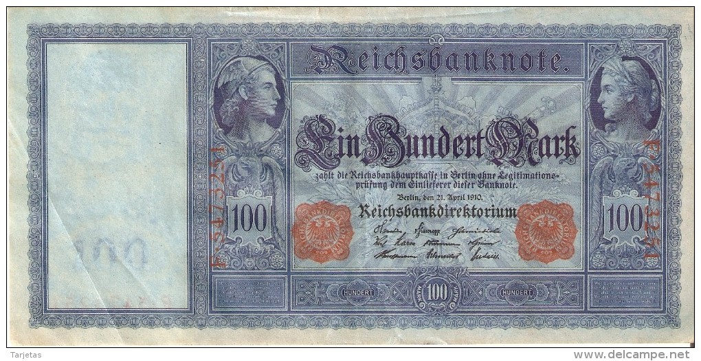 BILLETE DE ALEMANIA DE 100 MARK DEL AÑO 1910 SERIE F  (BANKNOTE) - 100 Mark