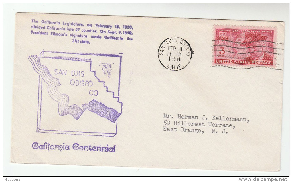 1950 SAN LOUIS OBISPO EVENT COVER California Statehood USA Stamps - Covers & Documents