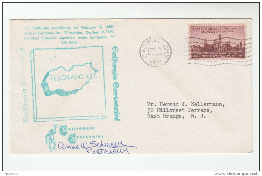 1950 Special COVER SIGNED By POSTMASTER Of Placerville Eldorado County USA California Statehood EVENT United States - Covers & Documents