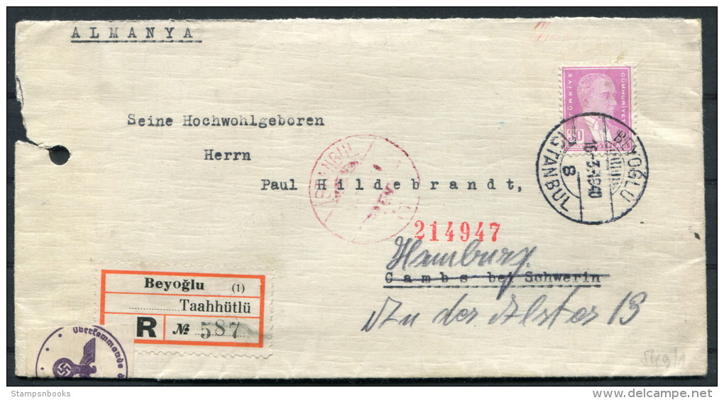 1940 Turkey Beyoglu Istanbul Registered Censor Cover Cambs Schwerin Hamburg Germany - Covers & Documents