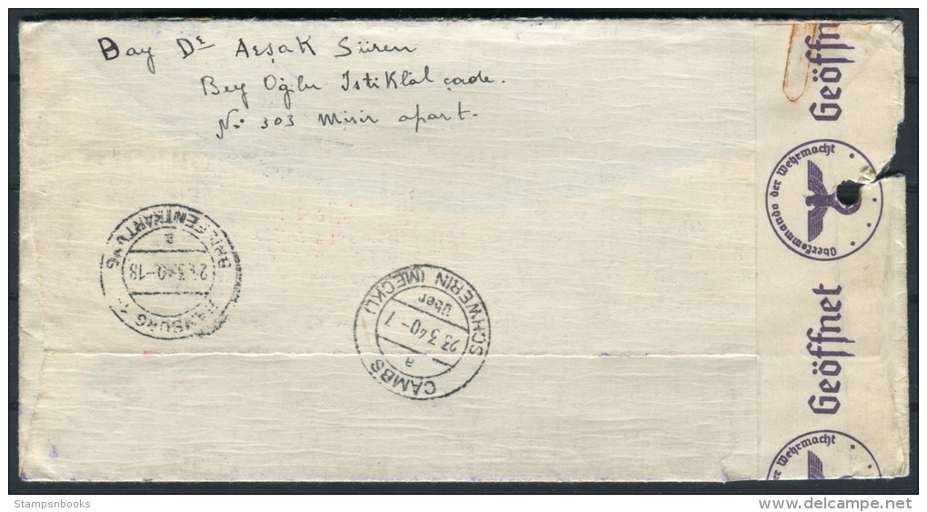 1940 Turkey Beyoglu Istanbul Registered Censor Cover Cambs Schwerin Hamburg Germany - Lettres & Documents