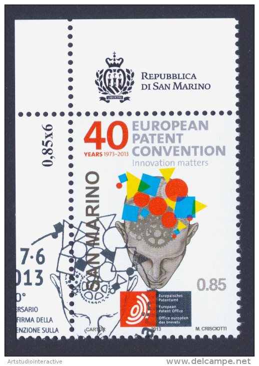 2013 SAN MARINO "40° ANNIVERSARIO FIRMA CONVENZIONE CONCESSIONE BREVETTI EUROPEI (CBE)" SINGOLO ANNULLO PRIMO GIORNO - Used Stamps