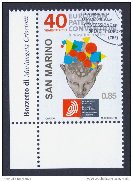 2013 SAN MARINO "40° ANNIVERSARIO FIRMA CONVENZIONE CONCESSIONE BREVETTI EUROPEI (CBE)" SINGOLO ANNULLO PRIMO GIORNO - Used Stamps