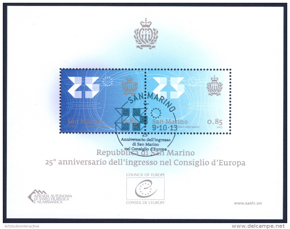 2013 SAN MARINO "25° ANNIVERSARIO INGRESSO SAN MARINO NEL CONSIGLIO D´EUROPA" FOGLIETTO ANNULLO PRIMO GIORNO - Used Stamps