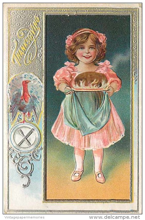 107759-Thanksgiving, Nash Series No 1-1, Young Girl In Pink Dress Holding A Plate Of Plum Pudding, Turkey,Embossed Litho - Giorno Del Ringraziamento