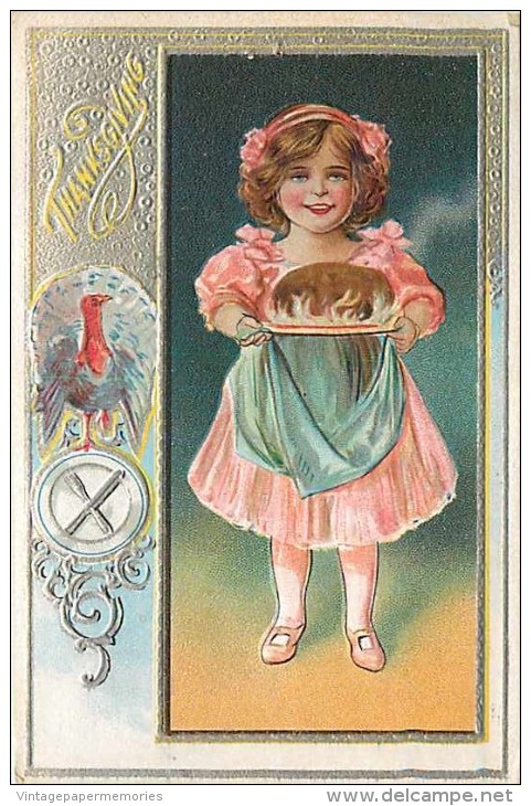 107759-Thanksgiving, Nash Series No 1-1, Young Girl In Pink Dress Holding A Plate Of Plum Pudding, Turkey,Embossed Litho - Thanksgiving