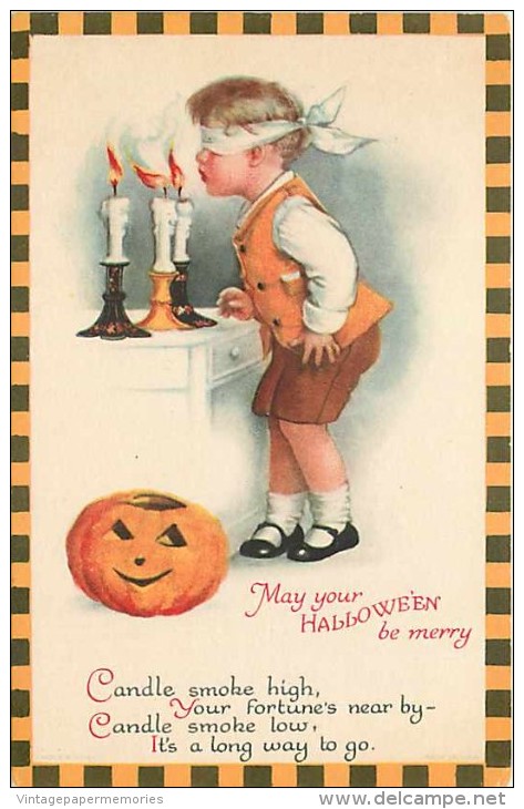 229575-Halloween, Wolf No 31CB-1, Ellen Clapsaddle, Blind Folded Boy Blowing Out Three Candles - Halloween