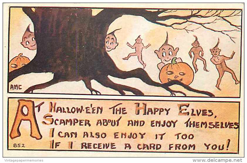 232143-Halloween, F.A. Owen No 852, Artist AMC, Elves Brownies Scampering Around A Tree Trunk - Halloween