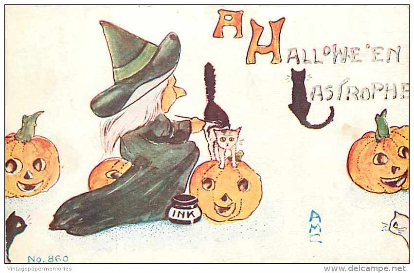 232157-Halloween, F.A. Owen No 860, Witch Painting White Cats With Black Ink, Jack O Lanterns - Halloween