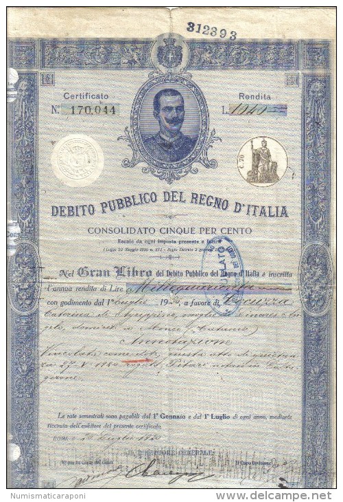 Debito Pubblico Del Regno D'italia 1920 Certificato Con Cedole Non In Perfetto Stato Cod.doc.058 - Documenti Storici