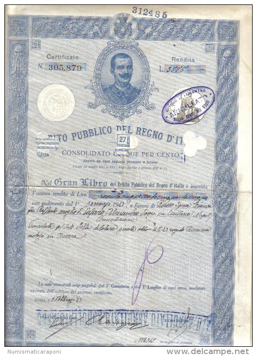 Debito Pubblico Del Regno D'italia 1923 Certificato Con Cedole Cod.doc.059 - Documenti Storici