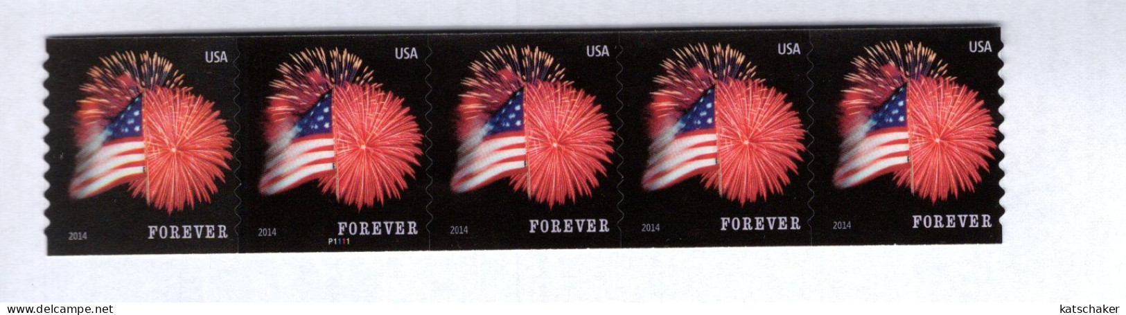 291906579  2014  SCOTT 4854 (XX) POSTFRIS MINT NEVER HINGED  Strip Plaatnummer P1111  Flag And Firework - Neufs