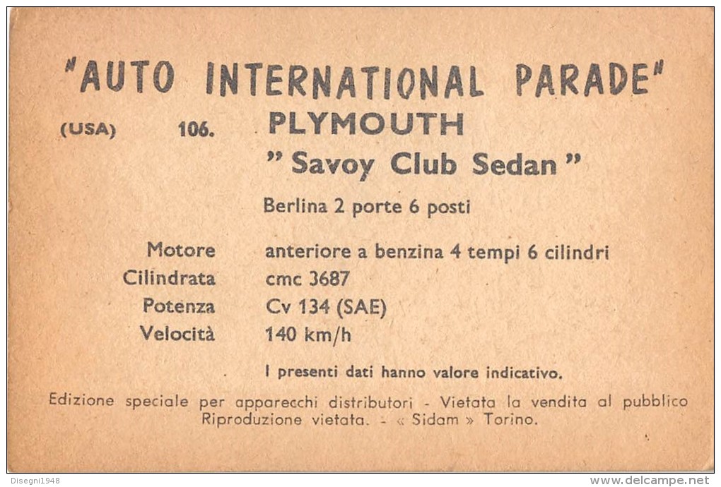 02765 "PLYMOUTH SAVOY CLUB SEDAN"  CAR.  ORIGINAL TRADING CARD. " AUTO INTERNATIONAL PARADE, SIDAM - TORINO". 1961 - Motores