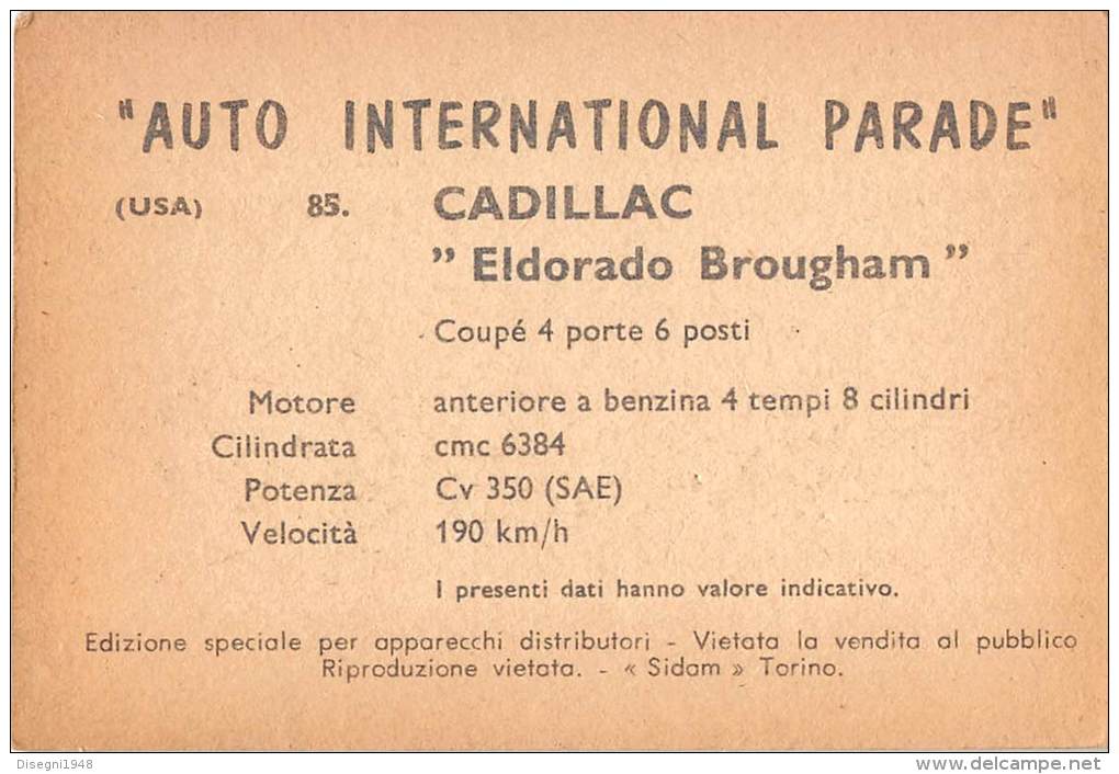 02769 "CADILLAC ELDORADO BROUGHAM COUPE´"  CAR.  ORIGINAL TRADING CARD. " AUTO INTERNATIONAL PARADE, SIDAM - TORINO"1961 - Moteurs