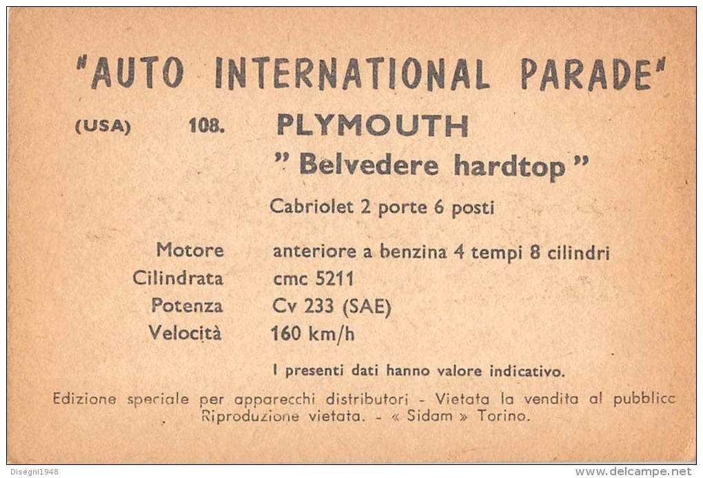 02770 "PLYMOUTH BELVEDERE HARDTOP CABR."  CAR.  ORIGINAL TRADING CARD. " AUTO INTERNATIONAL PARADE, SIDAM - TORINO"1961 - Moteurs