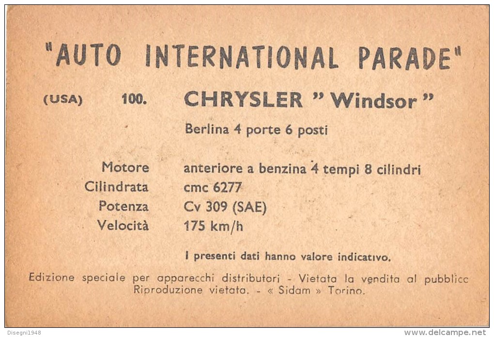 02771 "CRYSLER WINDSOR SEDAN"  CAR.  ORIGINAL TRADING CARD. " AUTO INTERNATIONAL PARADE, SIDAM - TORINO"1961 - Motores