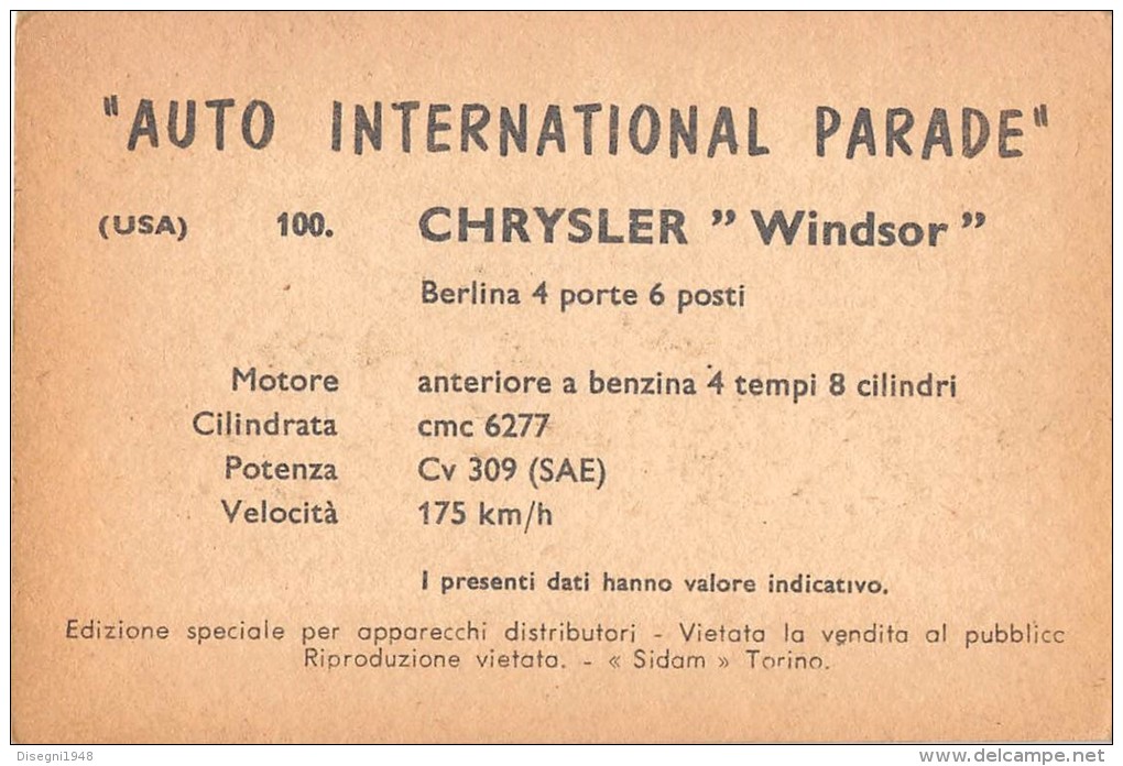 02771 "CRYSLER WINDSOR SEDAN"  CAR.  ORIGINAL TRADING CARD. " AUTO INTERNATIONAL PARADE, SIDAM - TORINO"1961 - Auto & Verkehr