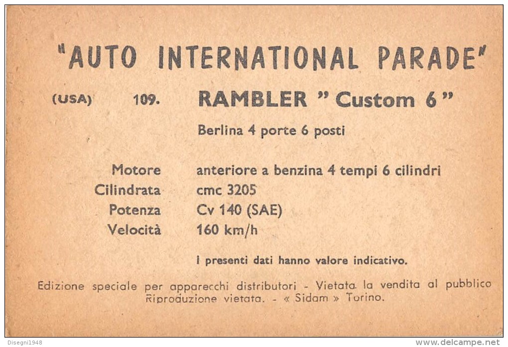 02774 "RAMBLER MATADOR SEDAN"  CAR.  ORIGINAL TRADING CARD. " AUTO INTERNATIONAL PARADE, SIDAM - TORINO"1961 - Motoren