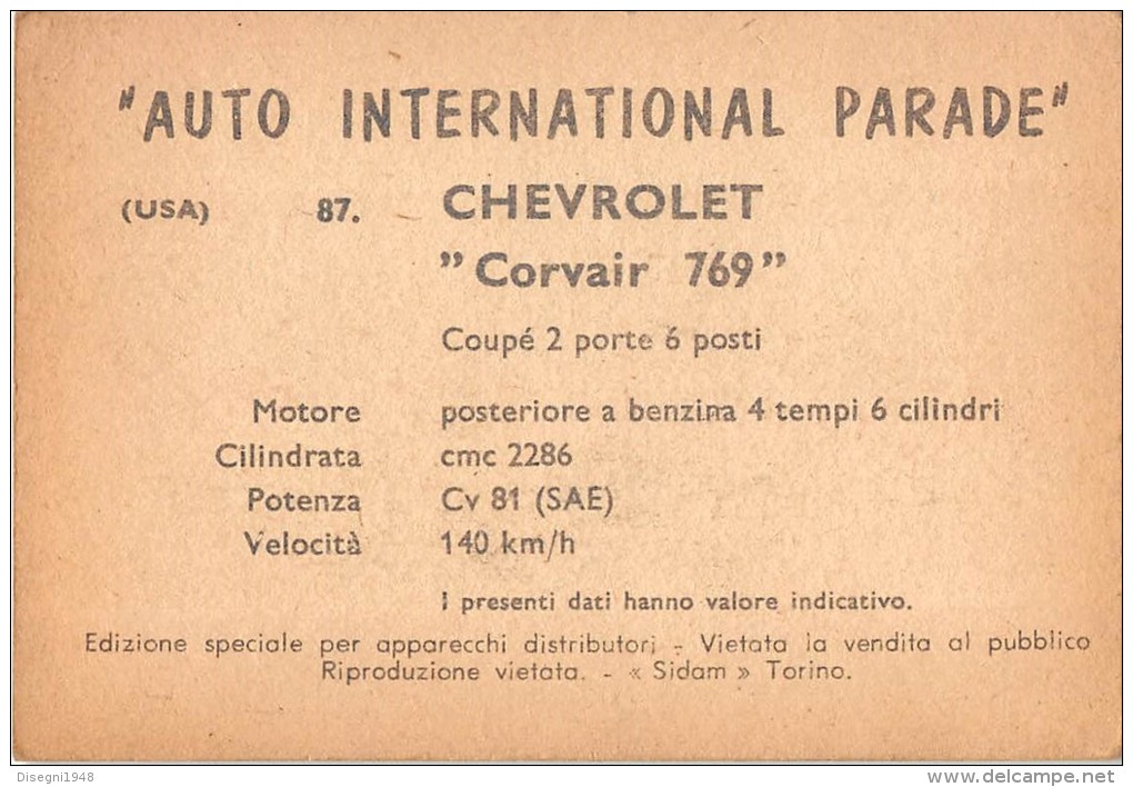 02775 "CHEVROLET CORVAIR COUPE´"  CAR.  ORIGINAL TRADING CARD. " AUTO INTERNATIONAL PARADE, SIDAM - TORINO"1961 - Motori