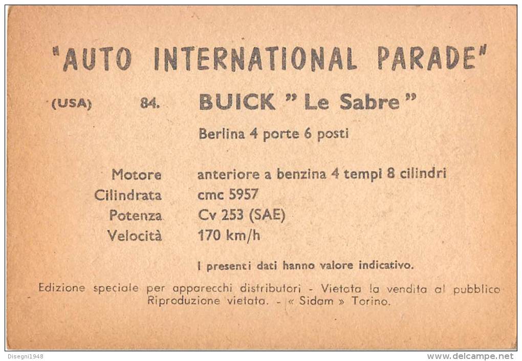 02776 "BUICK LE SABRE SEDAN"  CAR.  ORIGINAL TRADING CARD. " AUTO INTERNATIONAL PARADE, SIDAM - TORINO"1961 - Motori