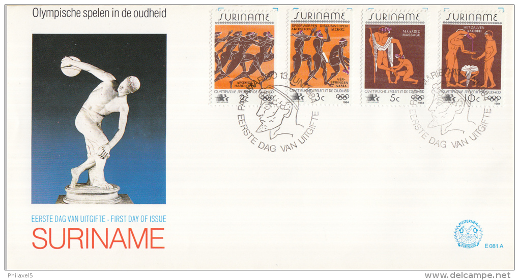 Republiek Suriname - FDC081A/B/C - Olympische Zomerspelen Los Angeles - Olympische Spelen In De Oudheid  - Z 399-410 - Zomer 1984: Los Angeles