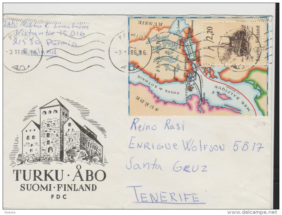 SF-M026/  FINNLAND - Bedarfsbrief Nach Tenerife 1986, Frankiertmit Blockteil (Mi.Nr. 100) - Cartas & Documentos