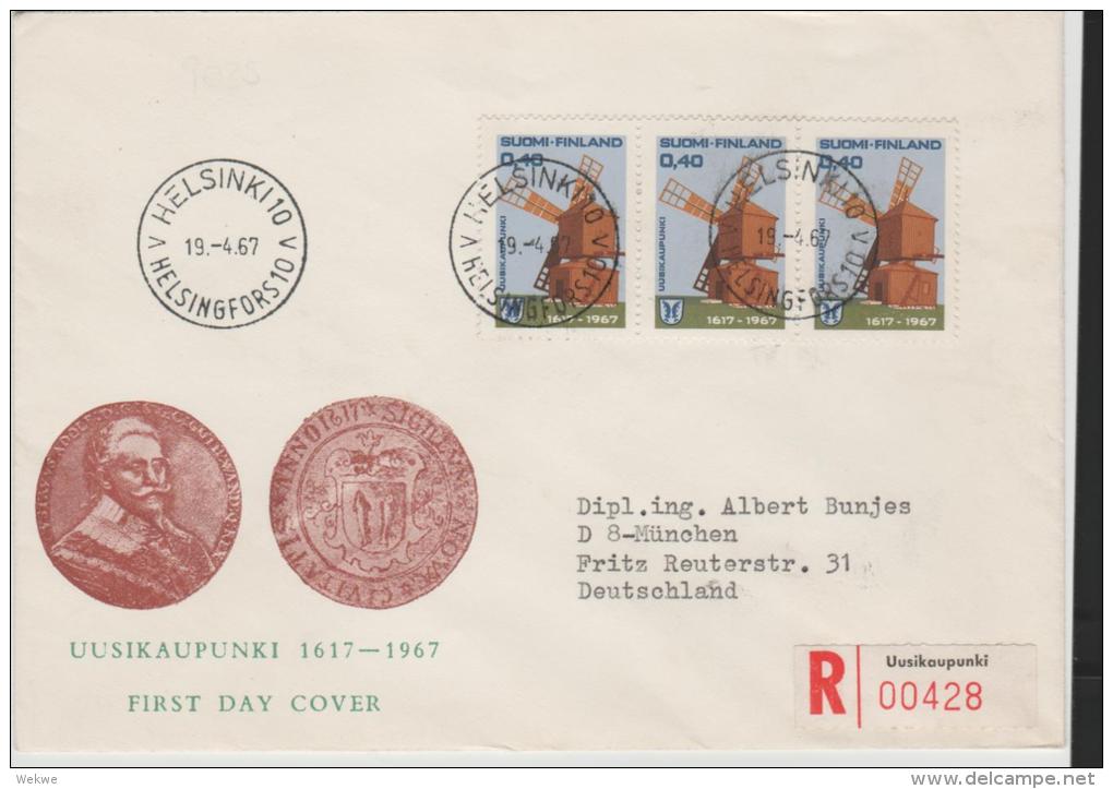 SF-M028/ FINNLAND -  Windmühlen, 3-er Streifen, FDC, Einschreiben Nach München, Deutschland) - Covers & Documents