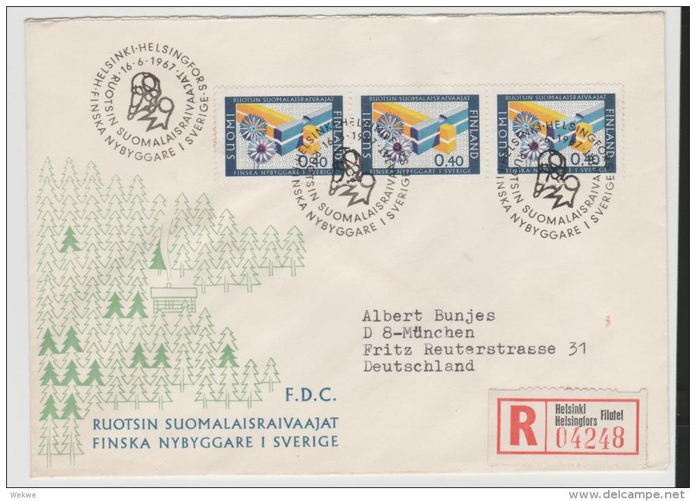 SF-M031/ Finnische Siedler In Schweden (3-er Streifen) FDC, Einschreiben Nach Deutschland - Briefe U. Dokumente