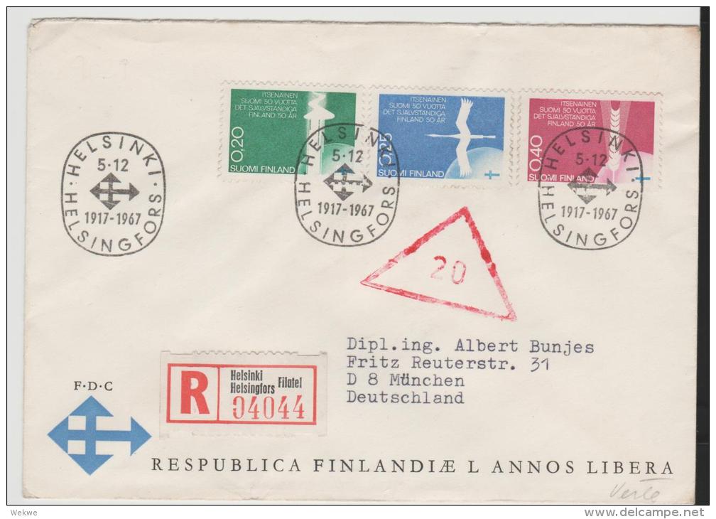 SF-M037/  FINNLAND - FDC Einschreiben Nach Deutschland 5.12.67, 50 Jahre Unabhängigkeit - Briefe U. Dokumente