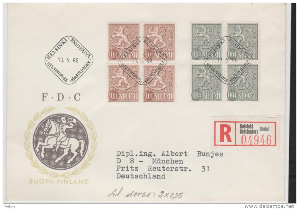 SF-M039/ FINNLAND -  Löwenmuster  Ergänzungswert 13.5.68. FDC Per Einschreiben Nach Deutschland - Lettres & Documents