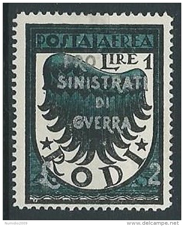 1944 EGEO OCCUP. TEDESCA POSTA AEREA PRO SINISTRATI 1 LIRA MH * - G016 - Egeo (Ocu. Alemana)