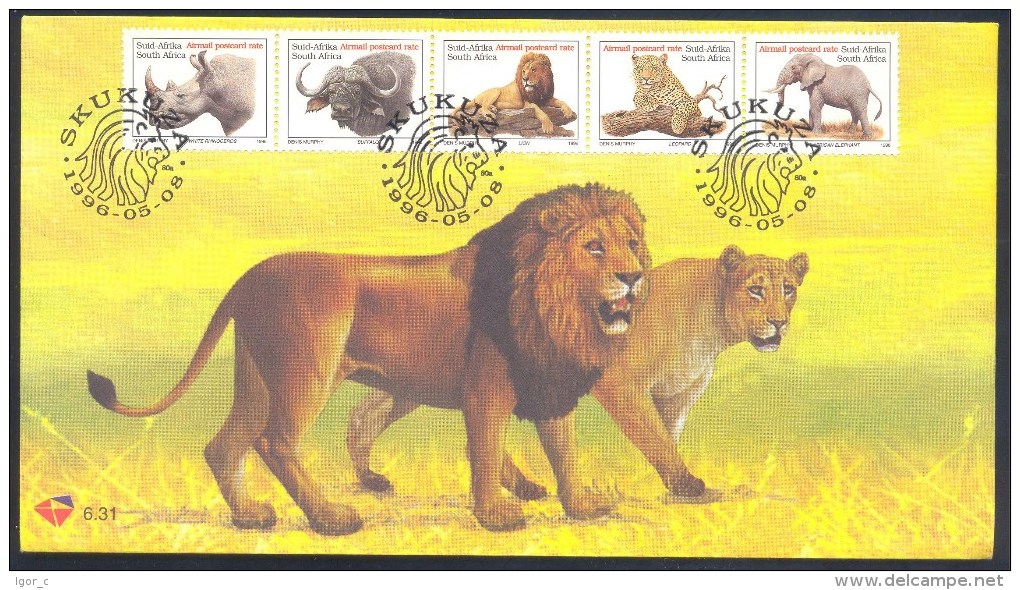 South Africa 1996 FDC Cover: Fauna Animals: Lion Löwe Panthera Leo; Rinoceros Buffalo Leopard Panthera Pardus Elephant - Raubkatzen