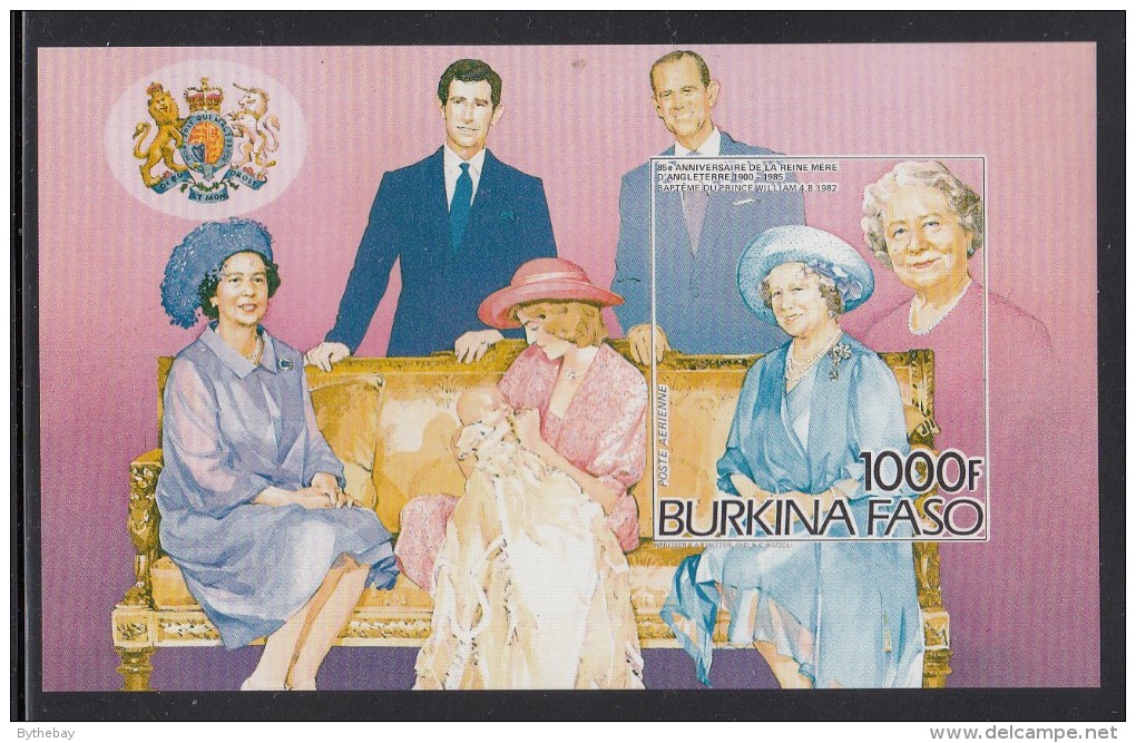 Burkina Faso MNH Scott #707 Imperf Souvenir Sheet 1000fr Christening Of Prince William - Queen Mother´s 85th - Burkina Faso (1984-...)